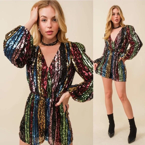Turn Up The Volume Multicolor Sequin Striped Romper - Picture 3 of 7